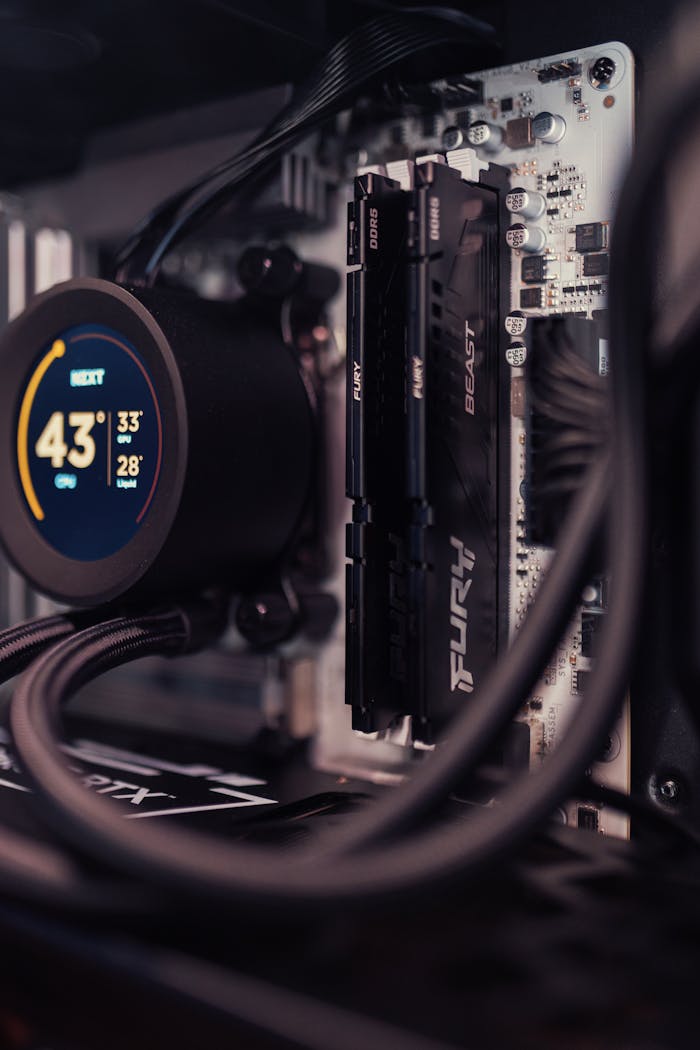 Detailed view of a gaming PC build featuring RAM and cooling system.
