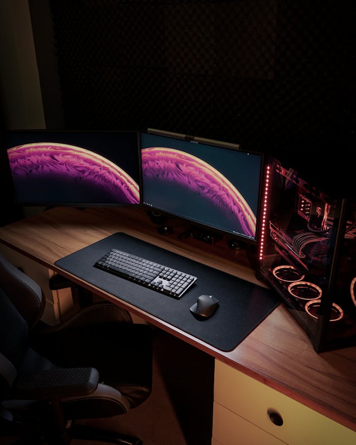 why-choose-us Sleek gaming setup with dual monitors and LED-lit PC for an immersive experience.