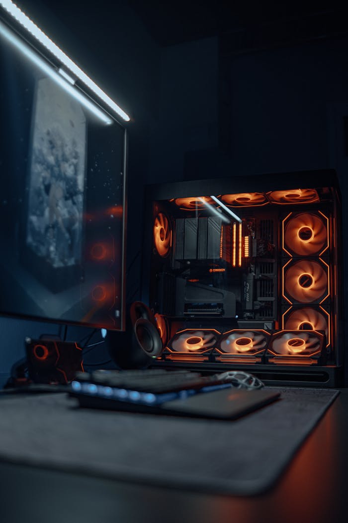 A sleek gaming PC setup with vibrant RGB lighting and a high-resolution monitor.