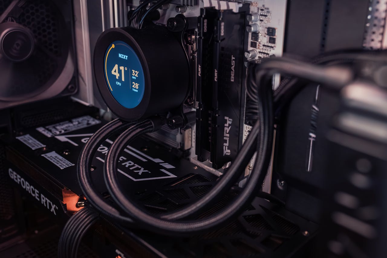 services-05 Internal view of a gaming PC showcasing advanced cooling and graphics capability.