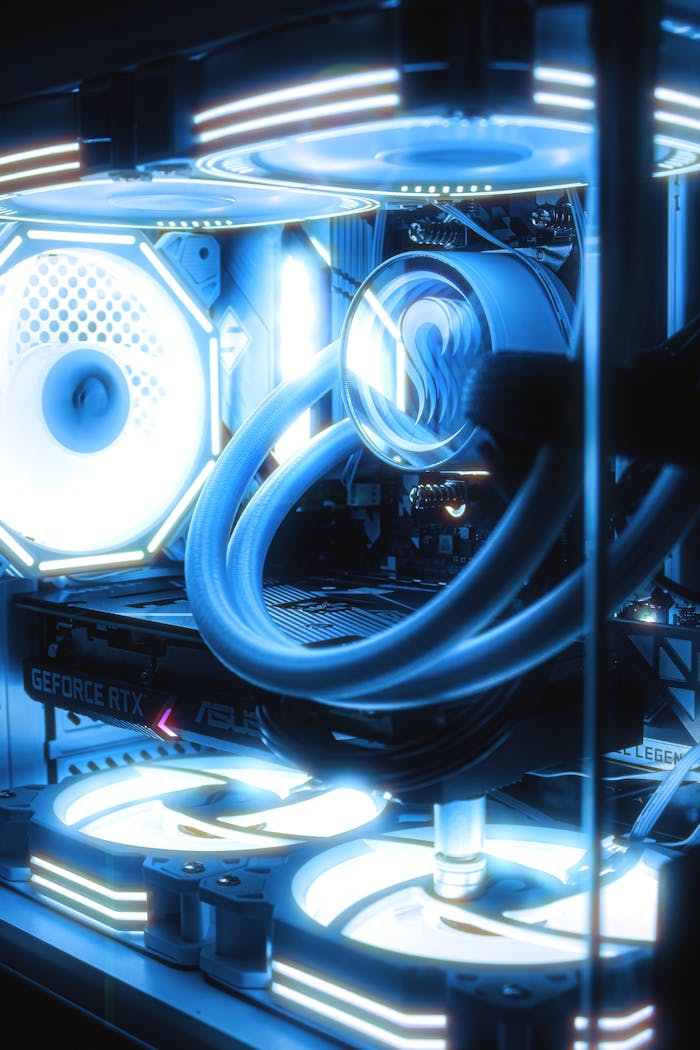 Close-up of an illuminated gaming PC showcasing advanced cooling systems and vibrant LED lights.
